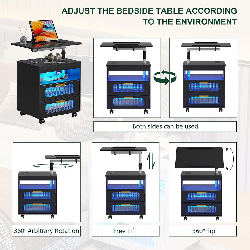 HNEBC LED Nightstand Set of 2 with Charging Station & Adjustable Overbed Desk, 3 Color LED Lights & Body Sensor, Mobile Bedside Table with Wheels, 2 Drawers & Open Shelf for Bedroom (Black)