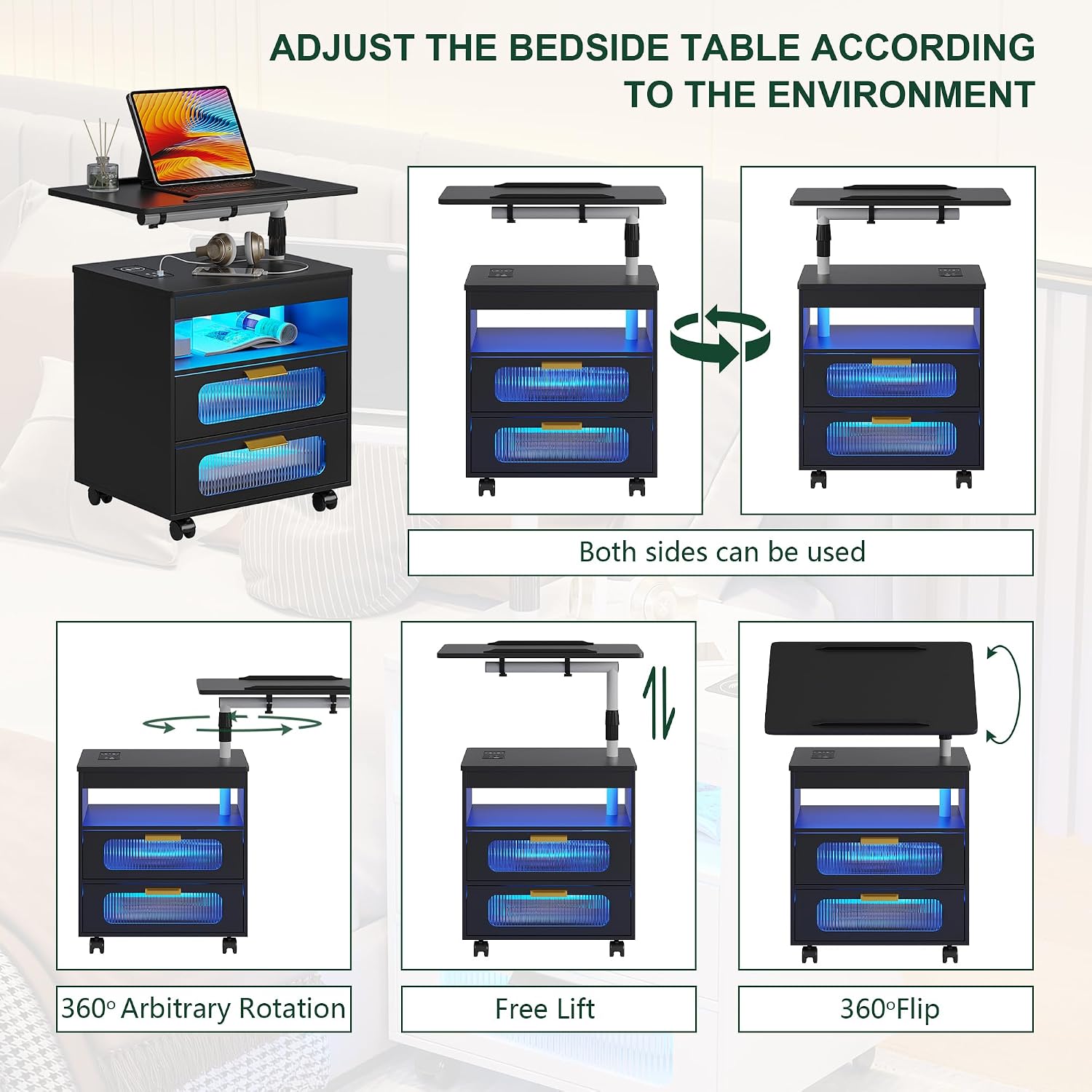 HNEBC LED Nightstand Set of 2 with Charging Station & Adjustable Overbed Desk, 3 Color LED Lights & Body Sensor, Mobile Bedside Table with Wheels, 2 Drawers & Open Shelf for Bedroom (Black)