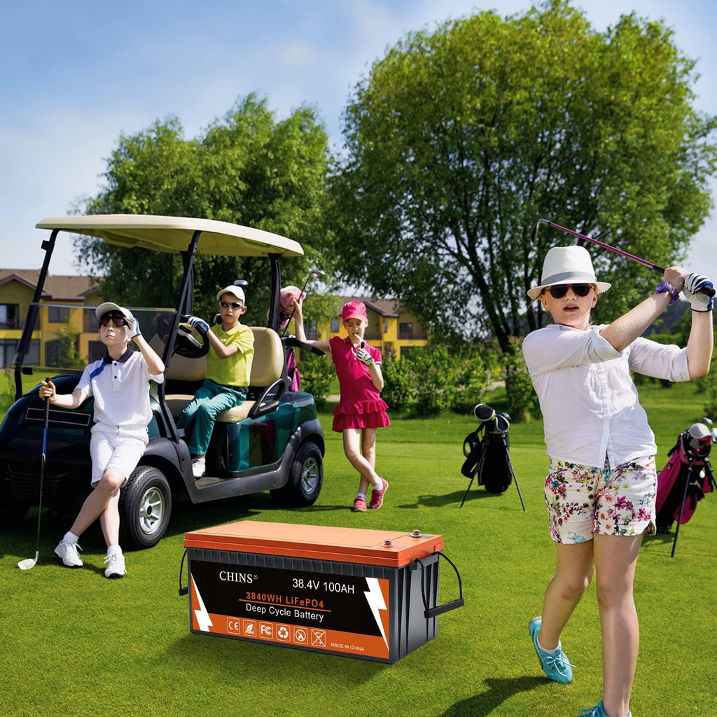 CHINS 36V 100AH Lithium Battery for Golf Cart with 36V 25A Charger, Monitor, Built-in Bluetooth 200A BMS, 36V Golf Cart Battery with 7.68kW Output, 1000A Peak Current