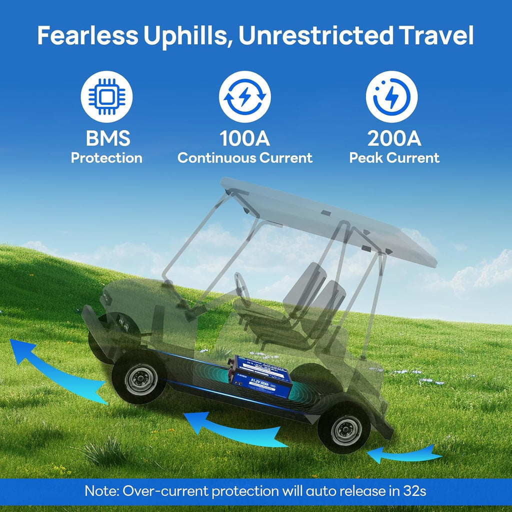 DC HOUSE 48V 50Ah Mini Golf Cart Battery with 18A Battery Charger, Bluetooth Mobile APP &Touch LCD Monitor, Low Temp Cut-Off, 2C-100A BMS, Peak Current 200A for Ryobi Mowers, Golf Carts