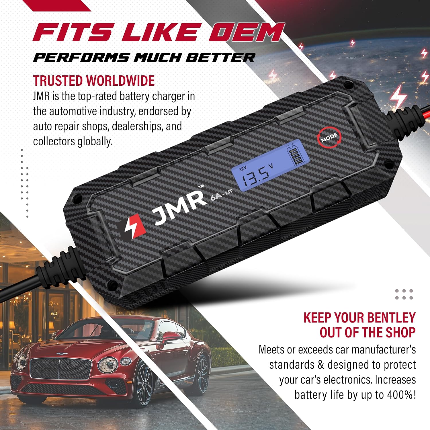 JMR Battery Charger for Bentley Continental GT Bentayga Flying Spur Mulsanne Trickle Charger Conditioner Maintainer (Magnetic Port, Add Lithium Mode)