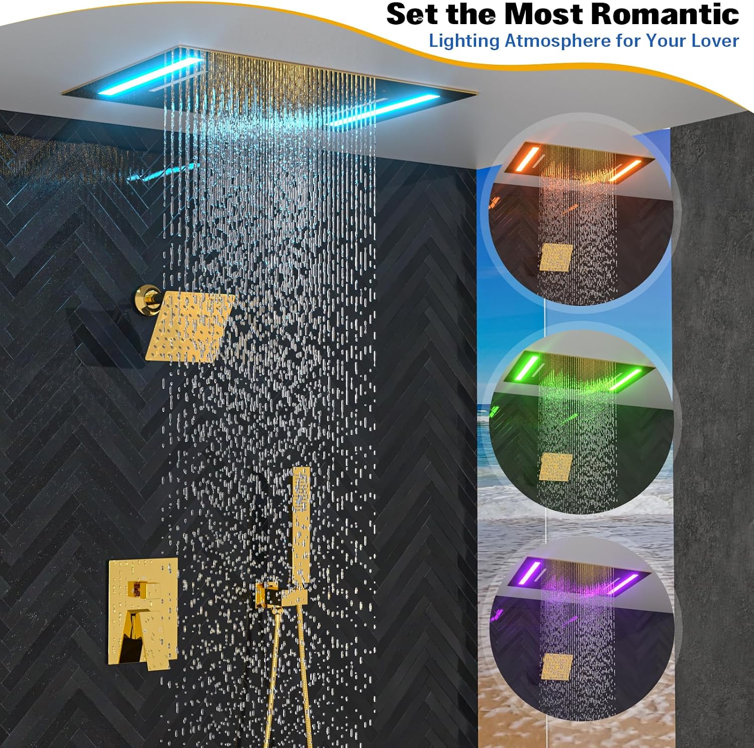 ENGA Bright Gold Dual Rain Shower Head System, 2 In 1 Functions Ceiling Mount 14x20inch LED Shower Head with 6 Inch Shower Head, Rainfall Waterfall Shower Faucet Set