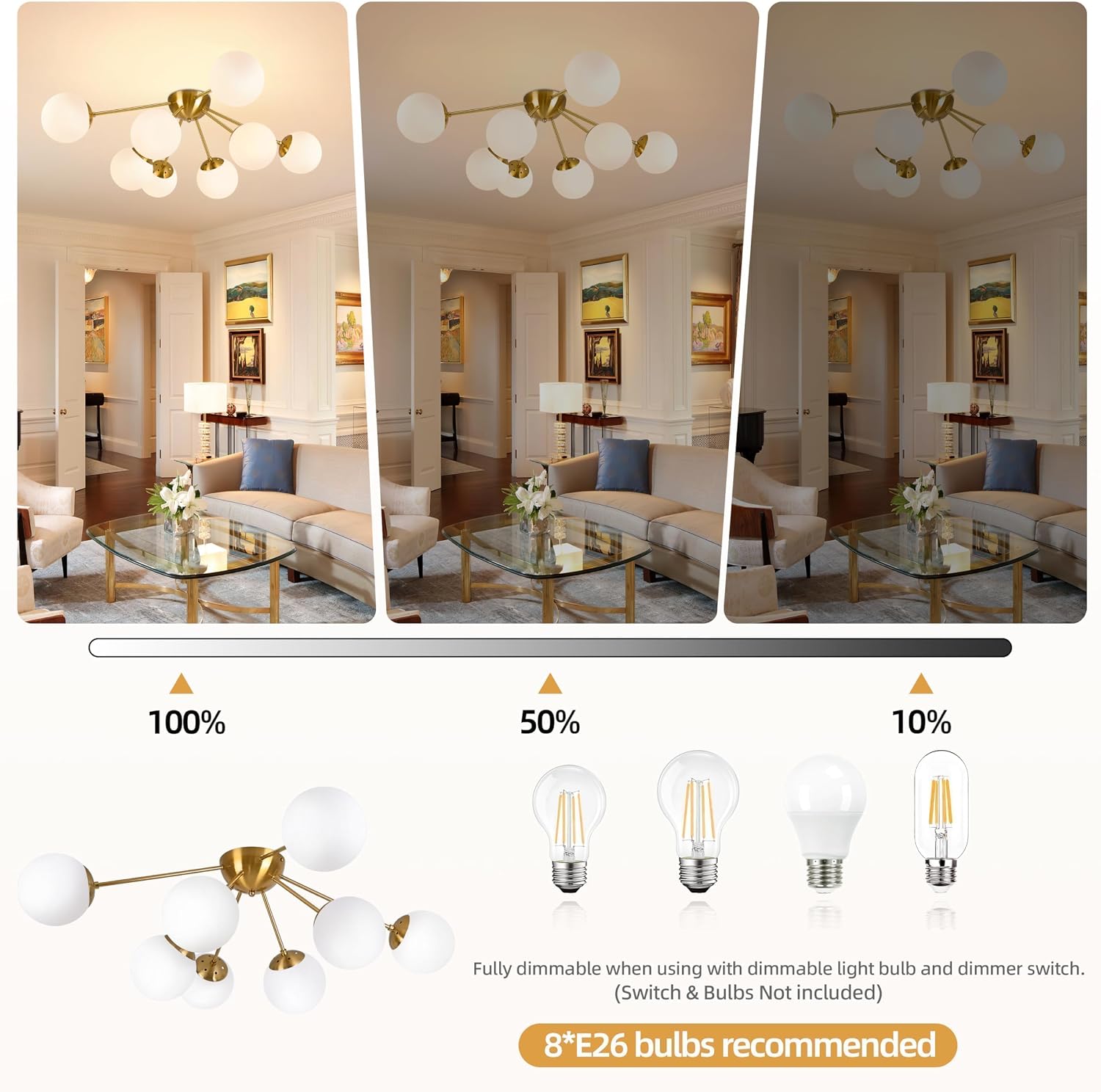 Bagood 8 Light Mid Century Modern Ceiling Light Semi Flush Mount Ceiling Light Fixture Globe Lights Sputnik Chandelier with Milk Glass Shade Brushed Brass Finish for Bedroom Hallway Living Room