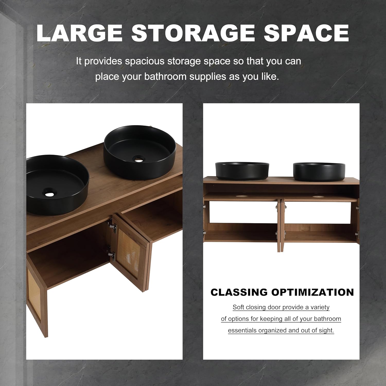 48'' Floating Bathroom Vanity, Double Sink Bathroom Vanity, Black Ceramic Double Vanities Sink for Bathrooms with Soft Close Doors, Modern Bathroom Sink Cabinet, Plywood, Imitative Oak