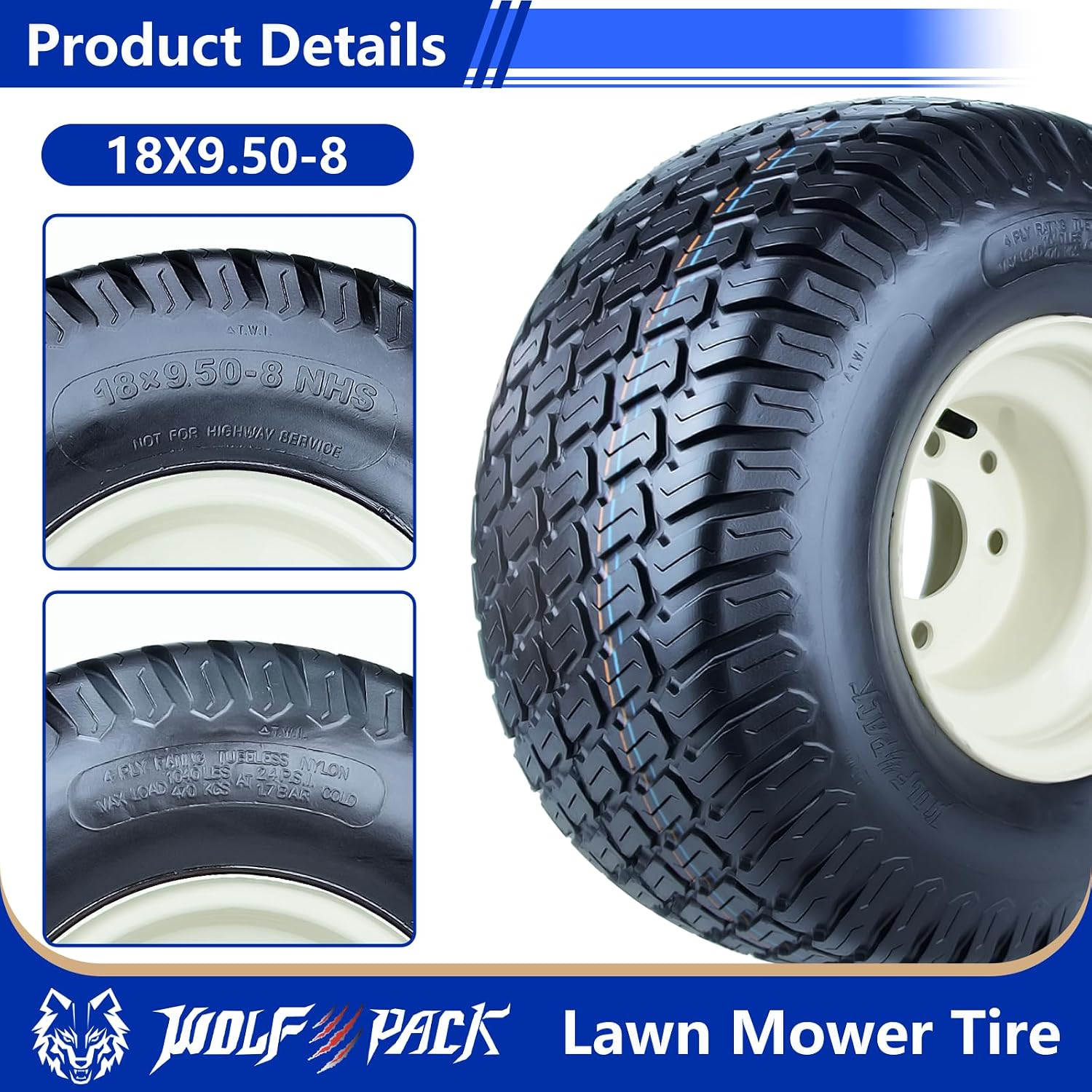 18x9.50-8 Lawn Mower Tire and Wheel Assembly,18x9.50-8 Riding Lawn Mower Tire with Rim, 4 Lug 8'x 7' Wheel, 2.52 Central Hole, 4Ply,1040lbs, Set of 2