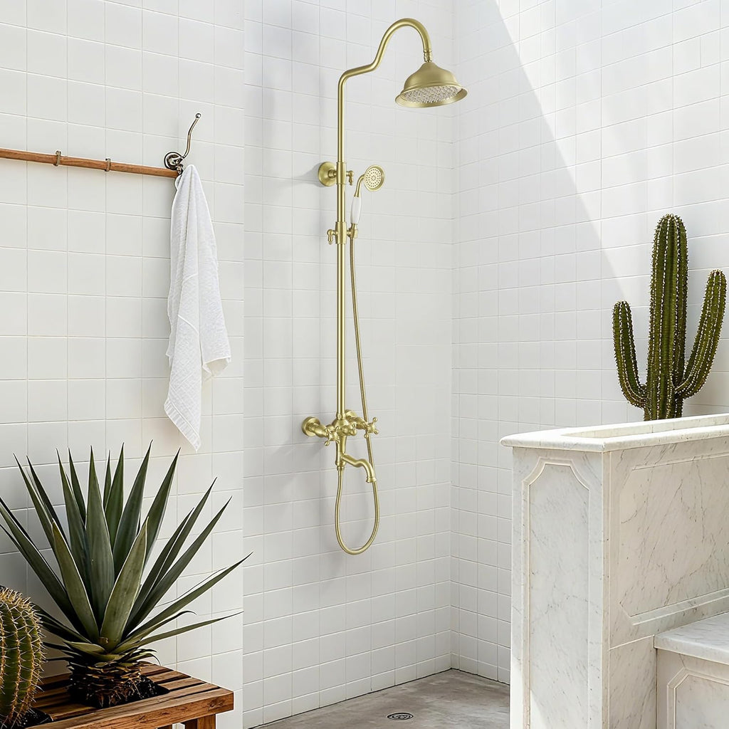 Exposed Shower System Brushed Gold,Antique Brass Shower Faucet with 8 Inches Rainfall Shower Head,Vintage Outdoor Shower Fixture with Foldable Tub Spout,Outdoor Shower Kit for Backyard Poolside
