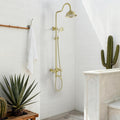 Exposed Shower System Brushed Gold,Antique Brass Shower Faucet with 8 Inches Rainfall Shower Head,Vintage Outdoor Shower Fixture with Foldable Tub Spout,Outdoor Shower Kit for Backyard Poolside