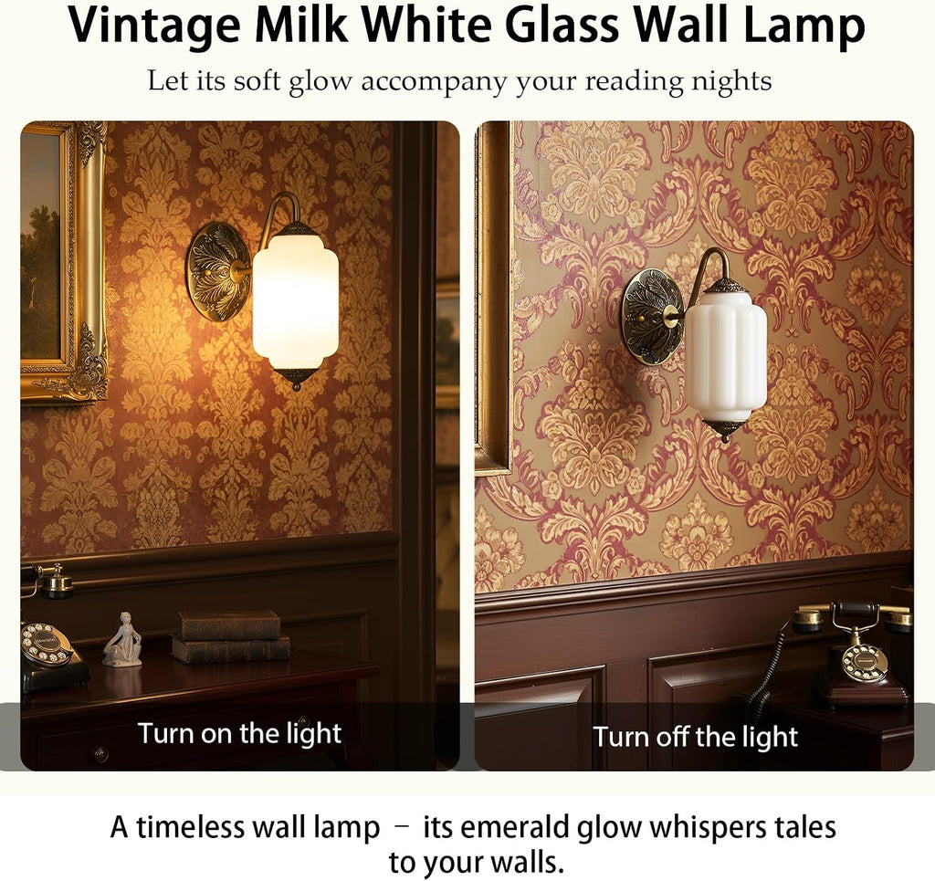 2-Pack Antique Gold Milk Glass Wall Sconce - Vintage Green Shade & Brass Finish Base - Indoor Wall Lighting Fixture for Living Room, Bedroom, Bathroom, Hallway, Entryway (2 Pack/White)