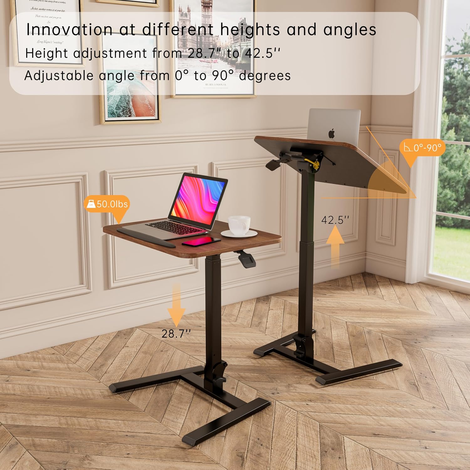 alawooder 25 Inch Mobile Folding Desk - No Assembly, Pneumatic Sit-Stand, 29-42' Height Adjustable Rolling Laptop Desk with Hidden Wheels, 0-90° Tilt Top for Home Office, Craft & Study