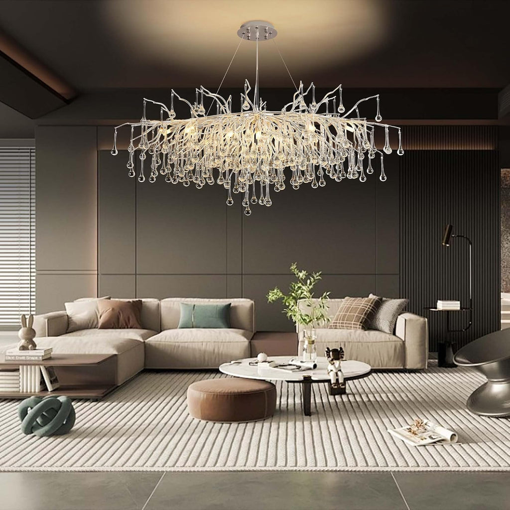 Modern Crystal Raindrop Chandelier, L40'' Silver Linear Rectangle Art Deco Tree Branch Lighting Fixture for Kitchen Island Living Room Foyer Staircase 10 Lights