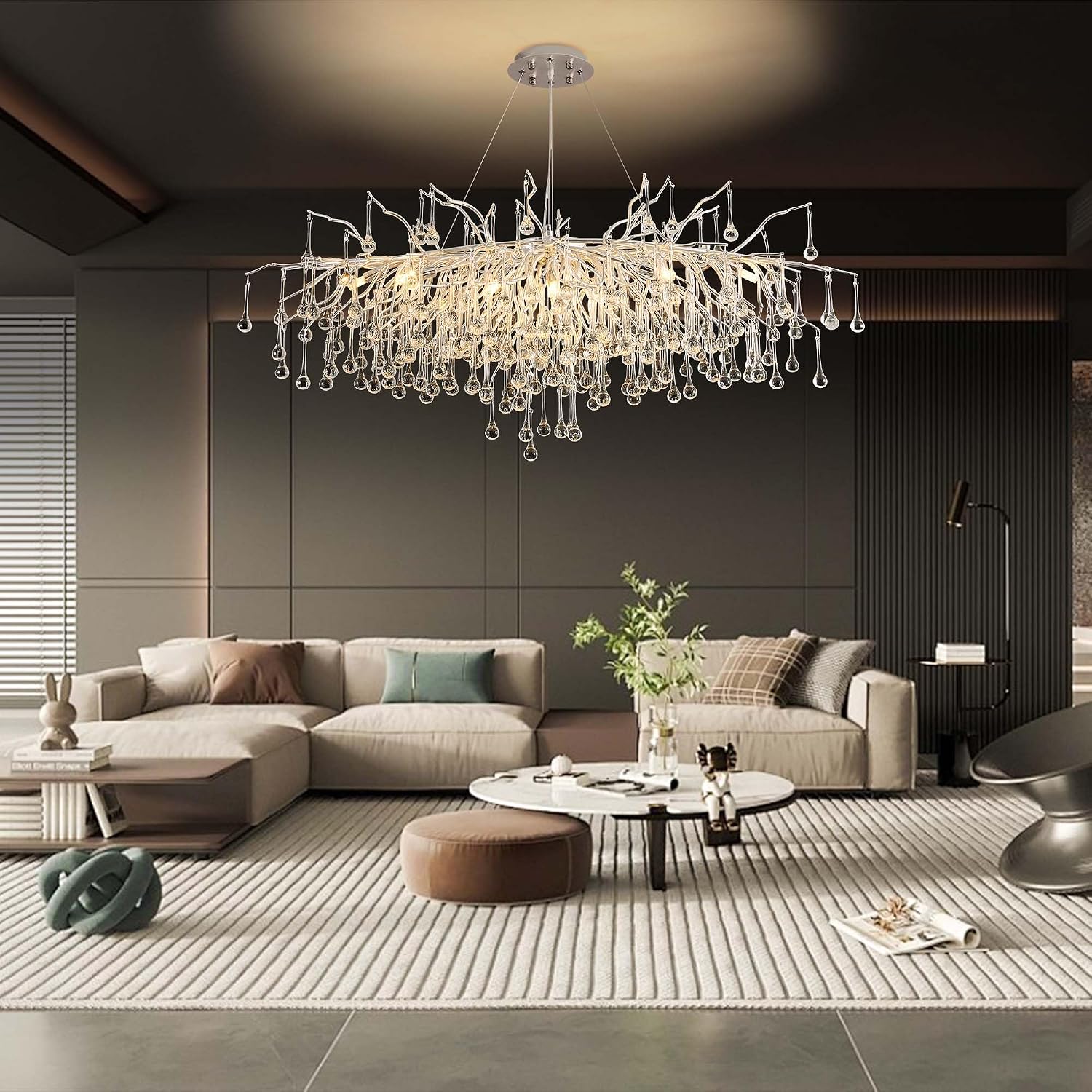 Modern Crystal Raindrop Chandelier, L40'' Silver Linear Rectangle Art Deco Tree Branch Lighting Fixture for Kitchen Island Living Room Foyer Staircase 10 Lights
