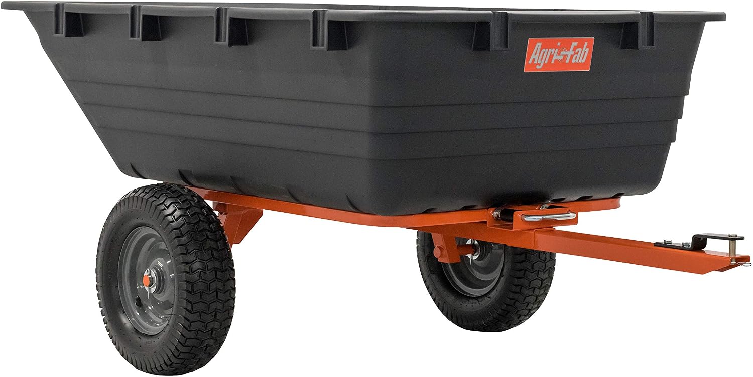Agri-Fab 45-0553, 1,000-Pound Capacity Poly Swiveling Tow Behind Dump Cart, 18 Cubic Feet Capacity, 80 Degree swiveling, 52 Degree Dumping, 16-Inch x 6.5-Inch Pneumatic Turf Tread Tires