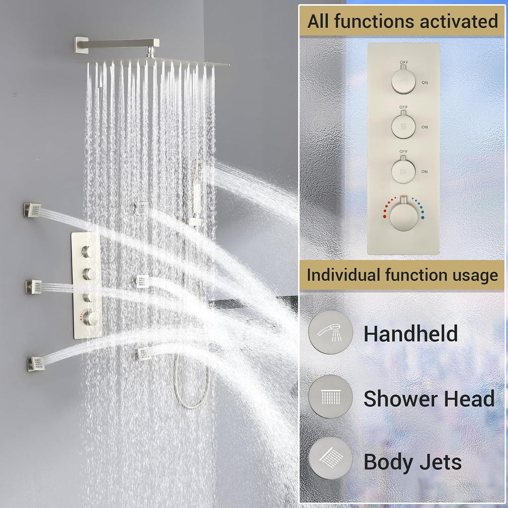 16' Thermostatic Rain Shower System with 6 Body Jets & 16-Inch Rainfall Shower Head, JetsBath Full Body Shower Faucet Sets with Valve & Handheld, Brushed Nickel Luxury Wall Mount Shower Faucet Set
