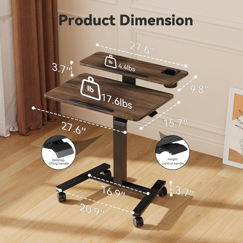 28 inch Mobile Standing Desk On Wheels， Small Computer Workstation Adjustable Height，Rolling Laptop Stand with Tiltable Desktop， 2-Tier Portable Study Table with Storage Shelf， Walnut
