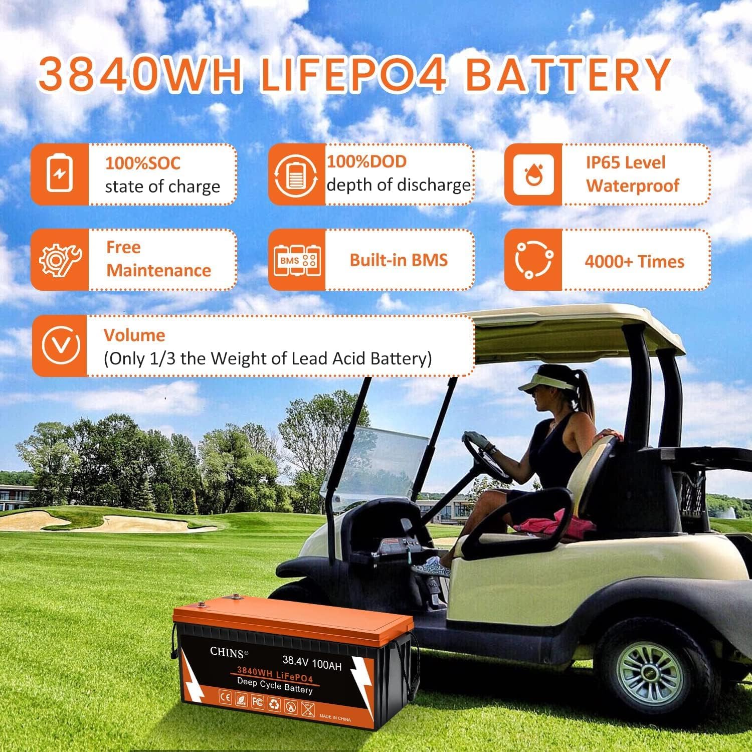 CHINS 36V 100Ah Lithium Golf Cart Battery, Bluetooth LiFePO4 Battery, Built in 200A BMS, Peak Current 1000A, Includes 36V 10A Lithium Charger, Perfect for Golf Carts, Marine etc