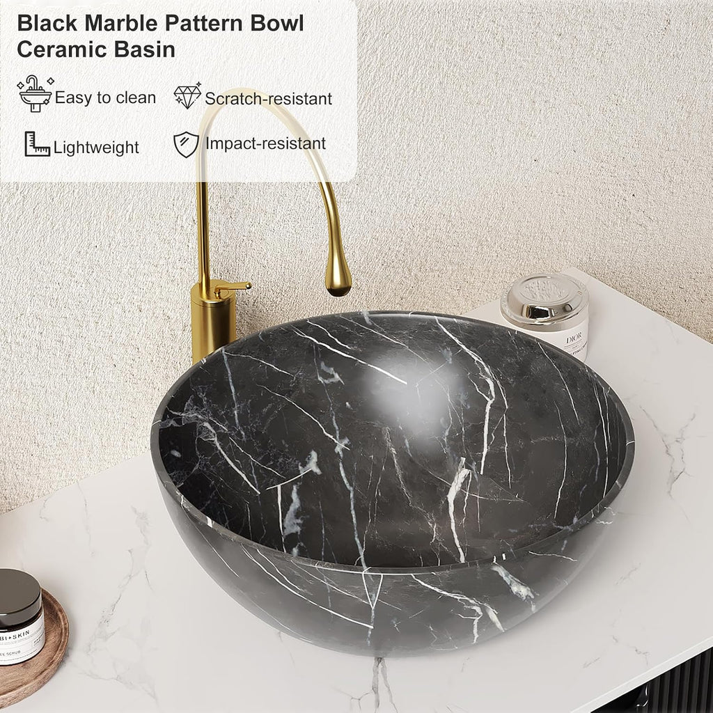 24' Floating Bathroom Vanity with Sink, Modern Bathroom Cabinet with Ultra-Thin Marble Top and Black Ceramic Basin, Bathroom Vanities, Extra Large Storage Drawer, Soft-Close Design, Black
