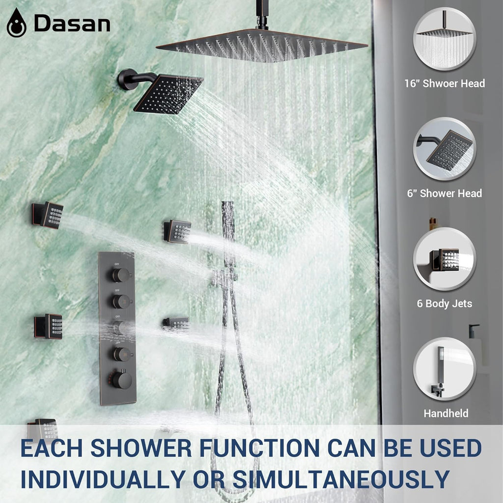 Dasan Thermostatic Dual Shower Head System with 6 Body Jets, 6-Inch Shower & 16' Rainfall Shower, Luxury Oil Rubbed Bronze Shower Faucet Set Tandem Rain Shower Head System for Couples/2-Person