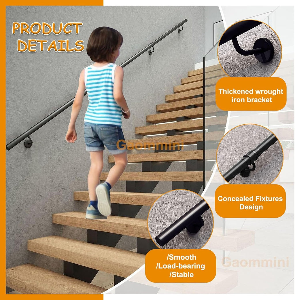 Wall Handrail for Indoor Stairs Railing Wrought Iron Outdoor Grab Bar Railing Safety Non-Slip Handrails Railing for Home Bathroom Corridor Decking, Black(8ft/240cm)