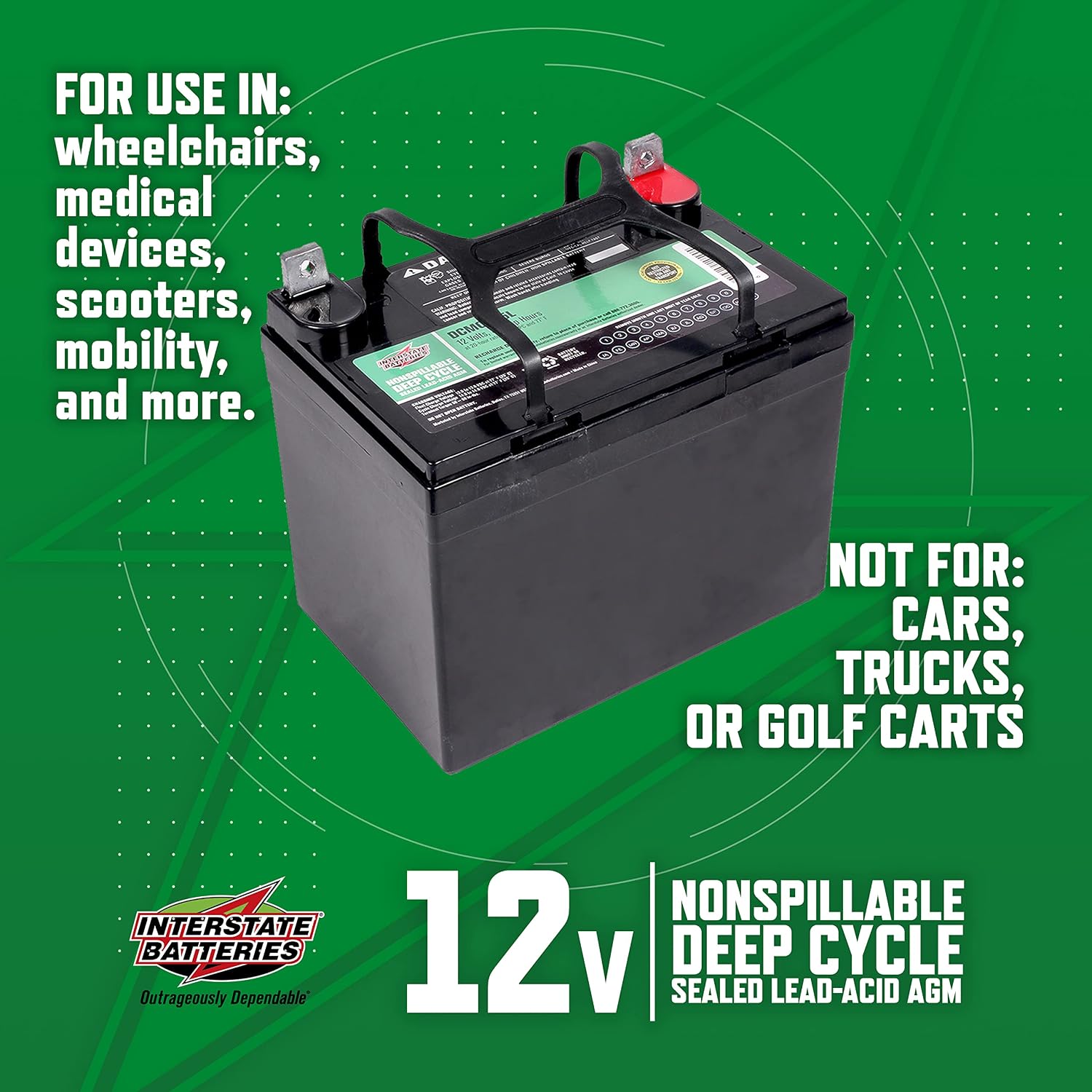 Interstate Batteries 12V 35Ah Deep Cycle Mobility Battery (Group U1 or GT9L) VRLA SLA AGM (L Terminal) Rechargeable Replacement for Scooters, Medical Devices, Wheelchairs (DCM0035L)
