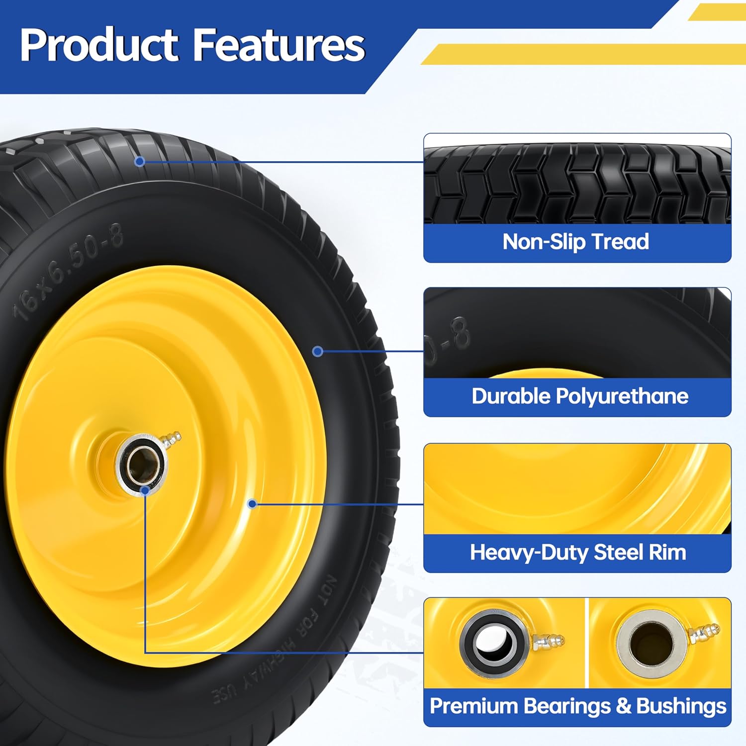 2 Pcs 16x6.50-8 Flat Free Lawn Mower Tire and Wheel, 16x6.5-8 Solid Turf Tire with 3/4' Bearing & Extra 1' Bushing, 3'-5' Offset Hub, Replacement Front Tire for Riding Mower and Graden Tractor, 550LBS