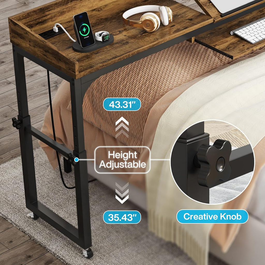 Tribesigns Height Adjustable Overbed Table with Wheels, Queen Size Over Bed Desk with Adjustable Tilt Stand, Mobile Laptop Cart Computer Desk with Outlets & USB Ports (Rustic Brown)