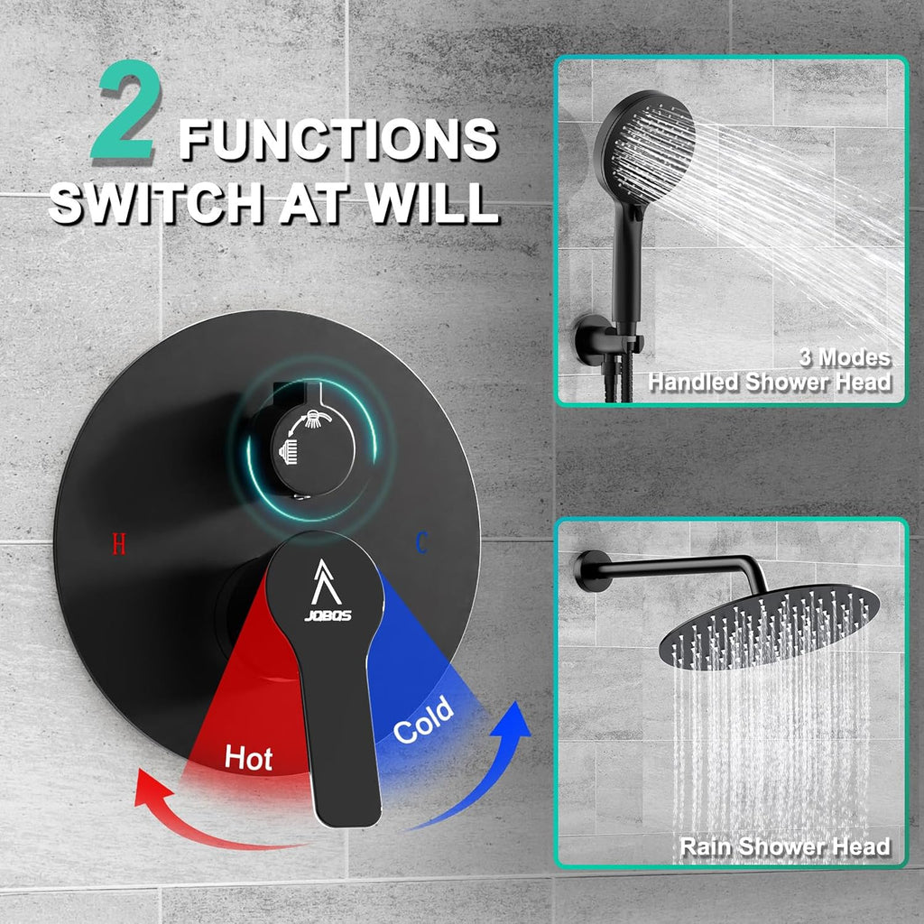 Shower Faucet Set 12IN Brass Rough-In Valve Body Trim Kit Rainfall Included Handle Accessories Complete 2 Functions with Rain Head and Handheld Bathroom Systems (12'', Matte Black)