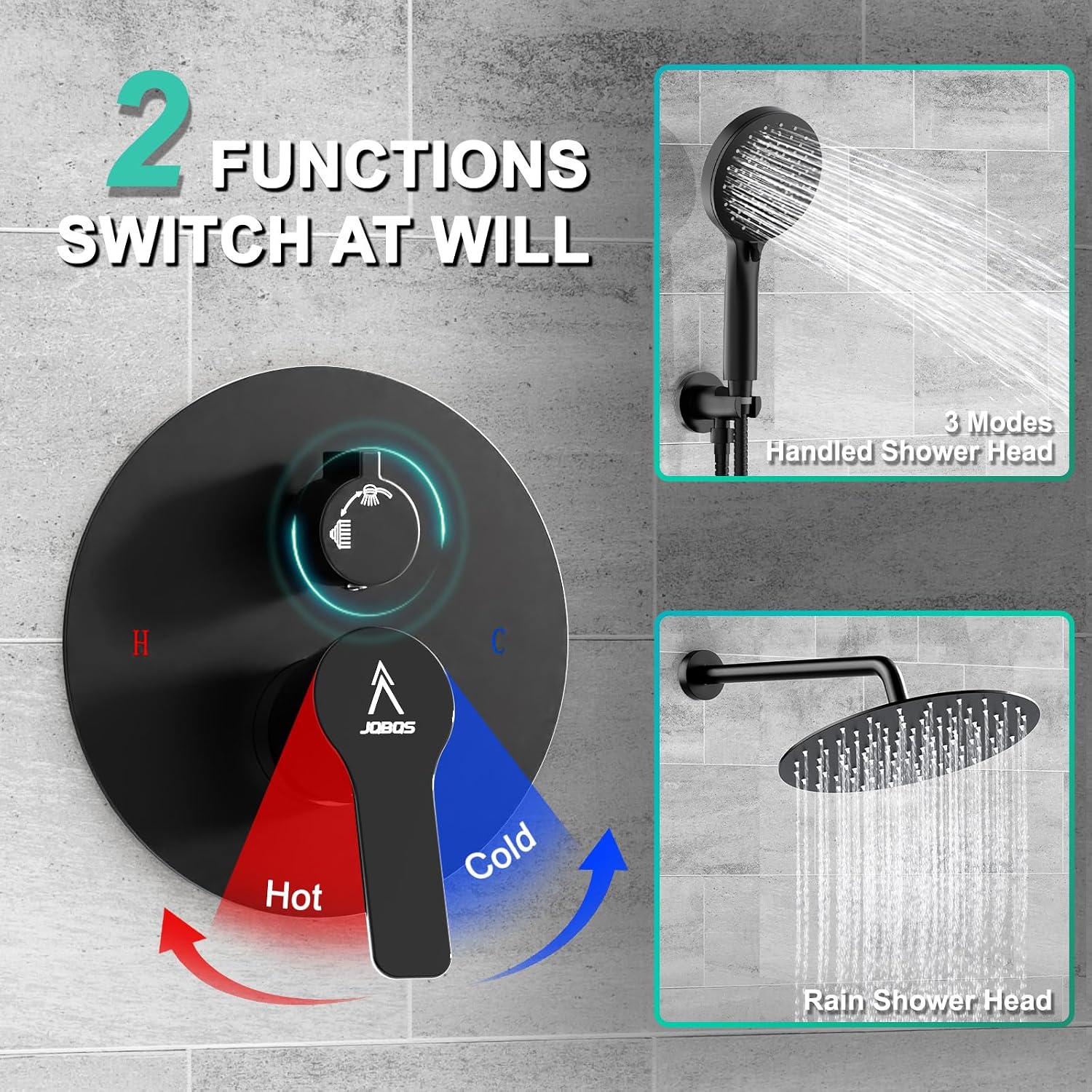 Shower Faucet Set 12IN Brass Rough-In Valve Body Trim Kit Rainfall Included Handle Accessories Complete 2 Functions with Rain Head and Handheld Bathroom Systems (12'', Matte Black)