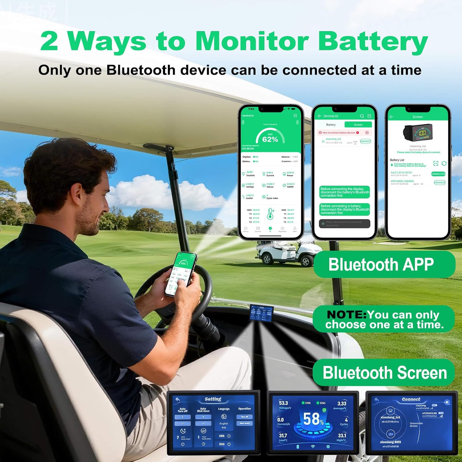 48V 100AH Golf Cart Batteries,48V Lithium Battery Golf Cart with 58.4V 18A Charger and LCD Bluetooth Monitor,Peak Current 1000A,Built-in Smart 200A BMS,Perfect for Golf Carts,Solar Energy,Off-Grid