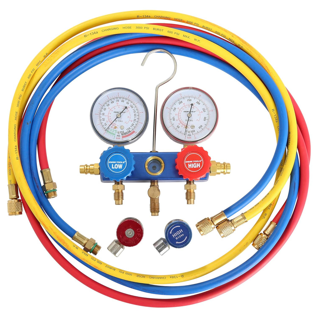 OEMTOOLS 24527 R134a Manifold Gauge Set, Automotive AC Manifold Gauge Set, Diagnostics and Refrigerant Charging, Extruded Aluminum Body, 72' Hoses, 2-3/4' Large Gauges, Manual Couplers
