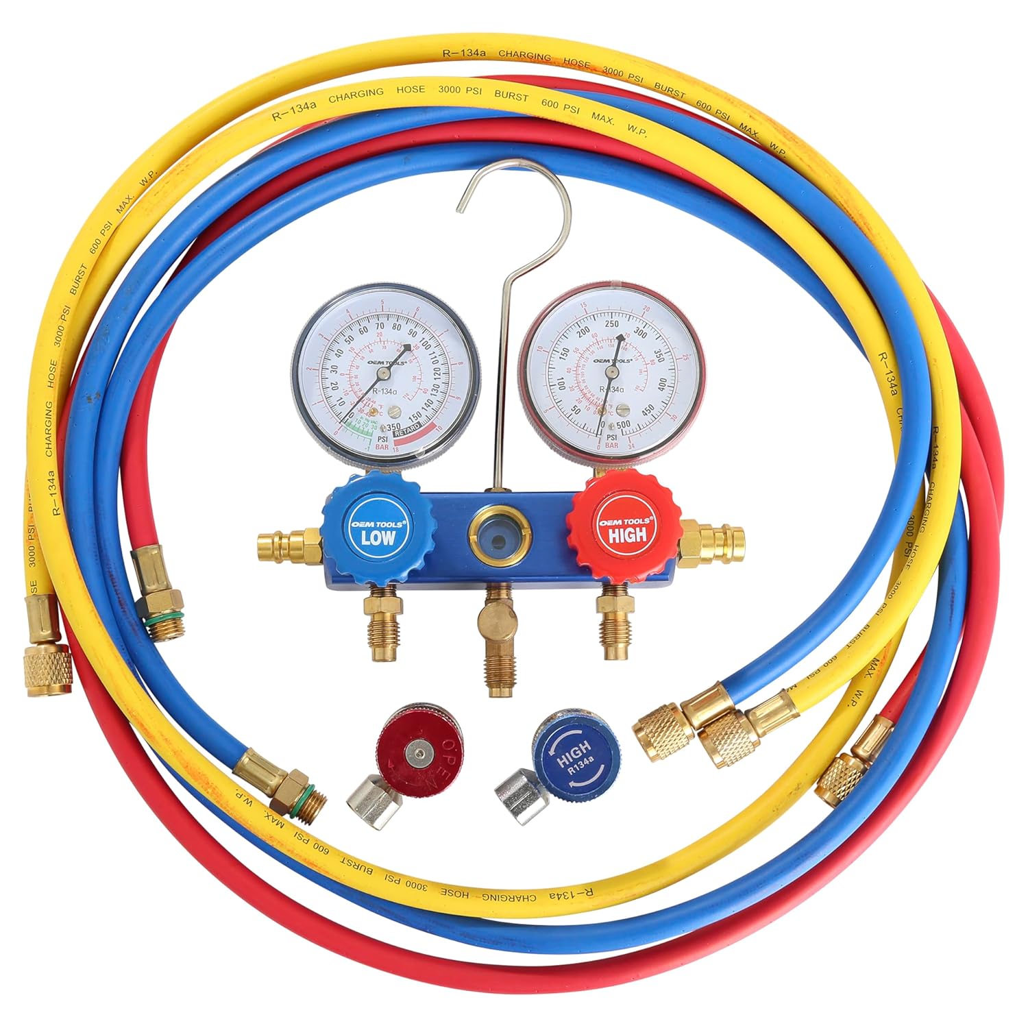 OEMTOOLS 24527 R134a Manifold Gauge Set, Automotive AC Manifold Gauge Set, Diagnostics and Refrigerant Charging, Extruded Aluminum Body, 72' Hoses, 2-3/4' Large Gauges, Manual Couplers