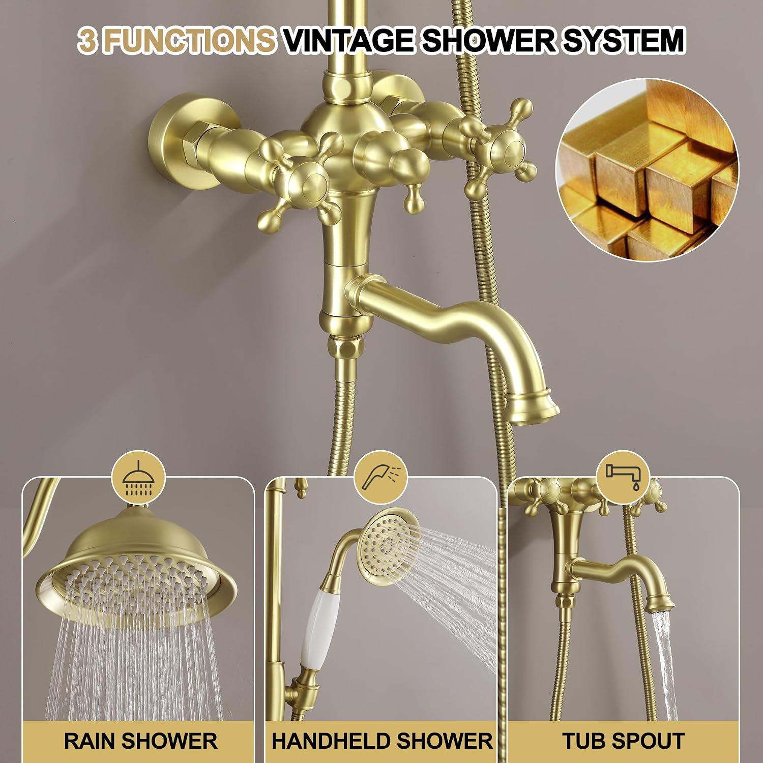 Exposed Shower System Brushed Gold,Antique Brass Shower Faucet with 8 Inches Rainfall Shower Head,Vintage Outdoor Shower Fixture with Foldable Tub Spout,Outdoor Shower Kit for Backyard Poolside
