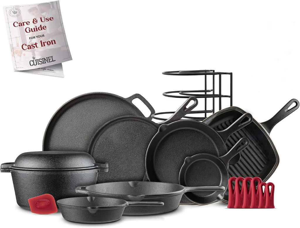 Cuisinel Cast Iron Cookware 18-Piece Set - Pre-Seasoned 6' + 8' + 10' + 12' Skillet + Grill Pan+Lid + Griddle + Pizza Pan + Dutch Oven+Pan Cover + Panrack + Silicone Handle Grips + Pan Scraper/Cleaner