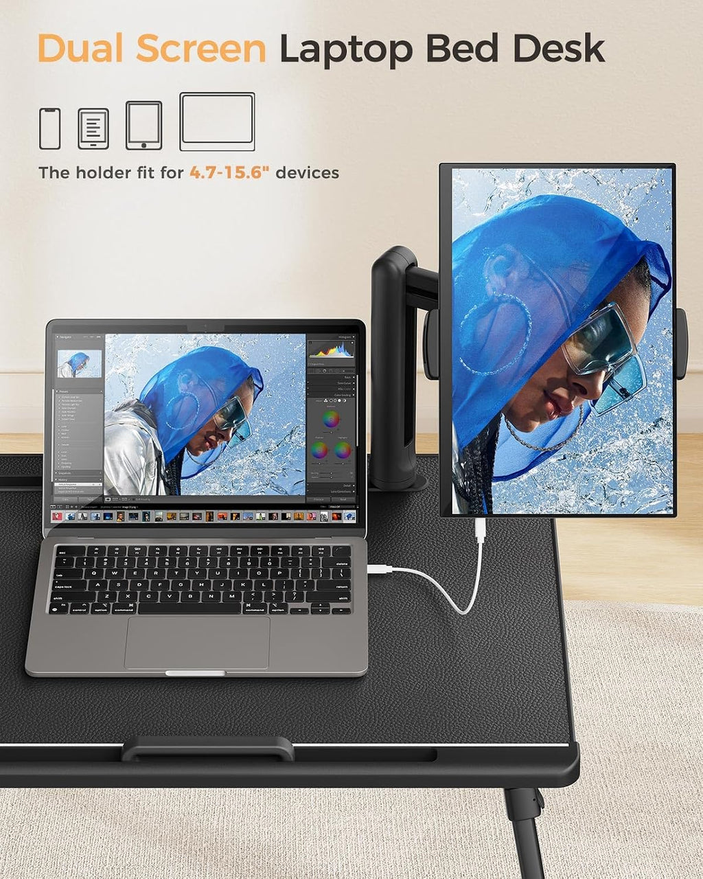 SAIJI Dual Screen Laptop Bed Desk | Foldable Adjustable Lap Desks for Adults, X-Large Couch Bed Tray Table with Portable Monitor Stand and Drawer