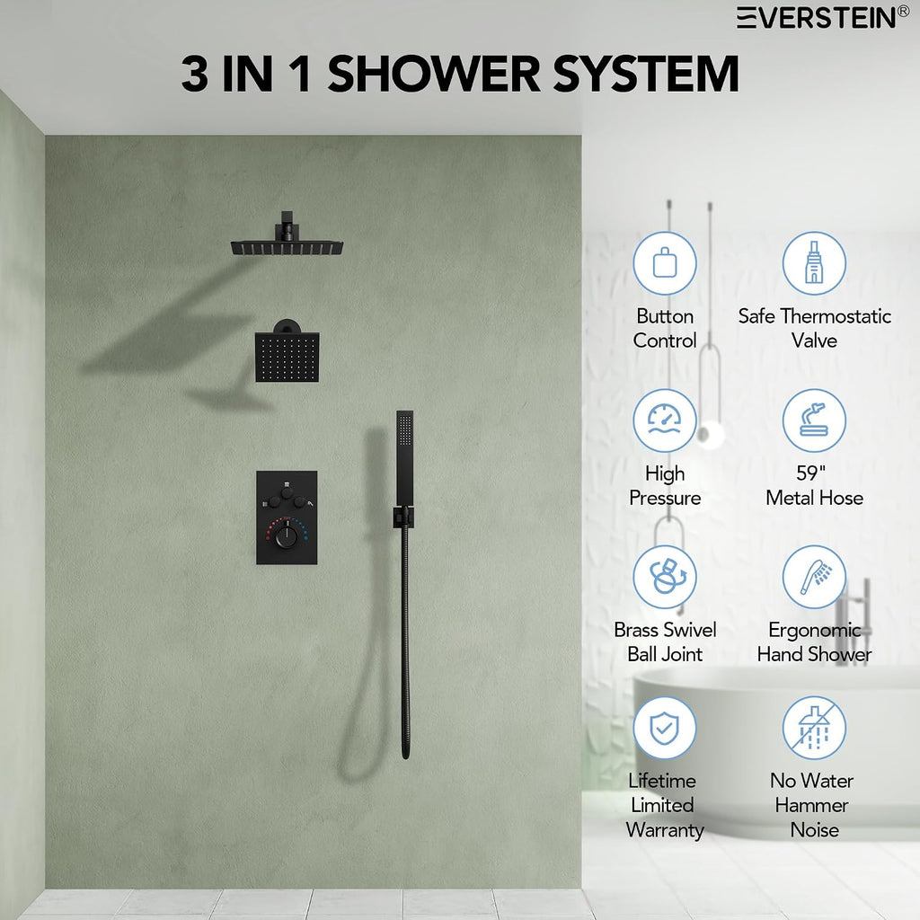 Wall Mount 12' High-Pressure Rainfall Shower Faucet, Dual Rainfall Shower Head System with Valve (Matte Black)
