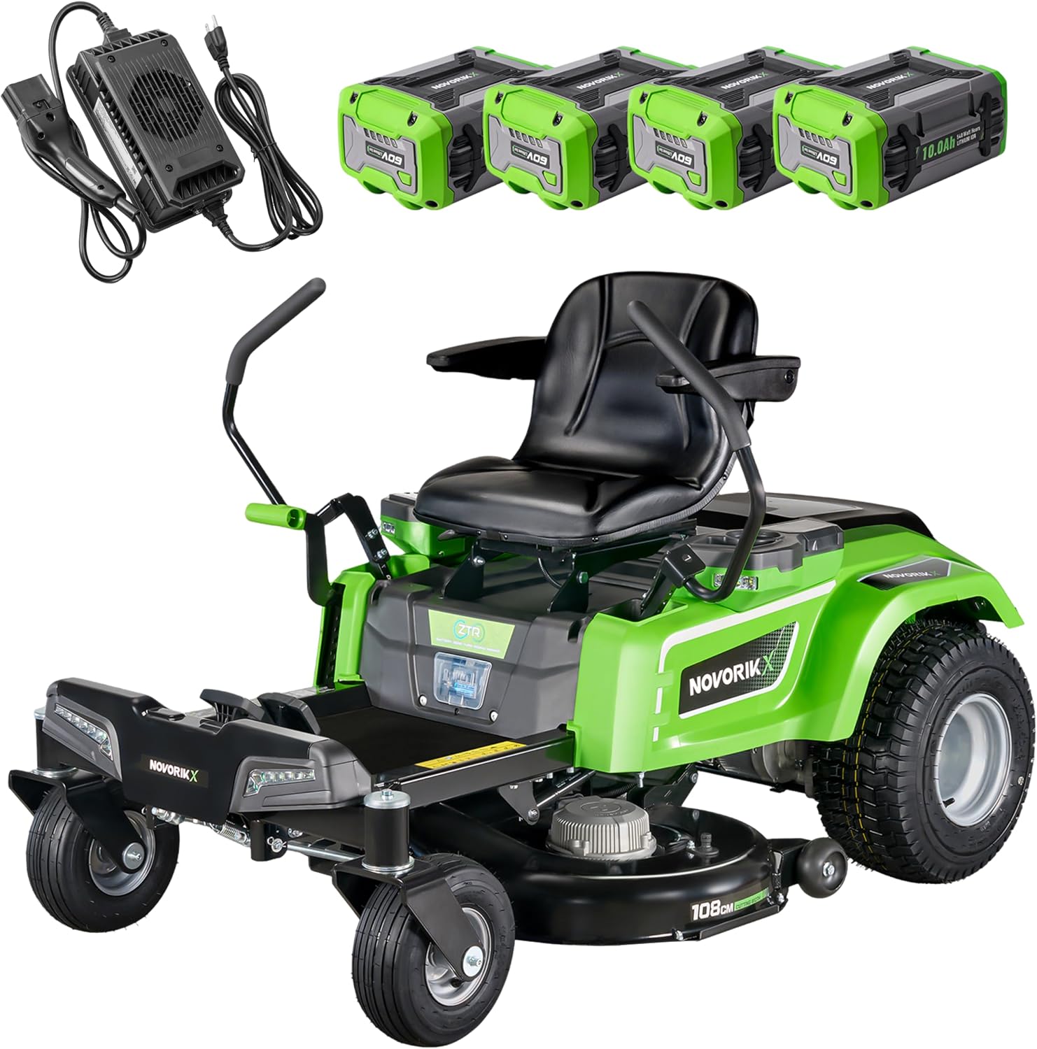 NovorikX 54V 42'' Cordless Electric Riding Lawn Mower, Zero Turn Lawn Mower with 4 * 10AH Batteries and Plug in Charger for Large Yard