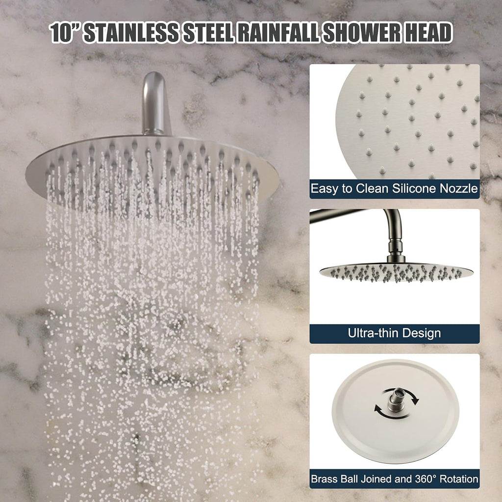 MONDAWE Round Shower Faucet Set with Tub Spout, Wall Mounted Shower System 10 Inch Rainfall Shower Head with Handheld Combo, Brushed Nickle High Pressure Shower Faucets Sets Complete