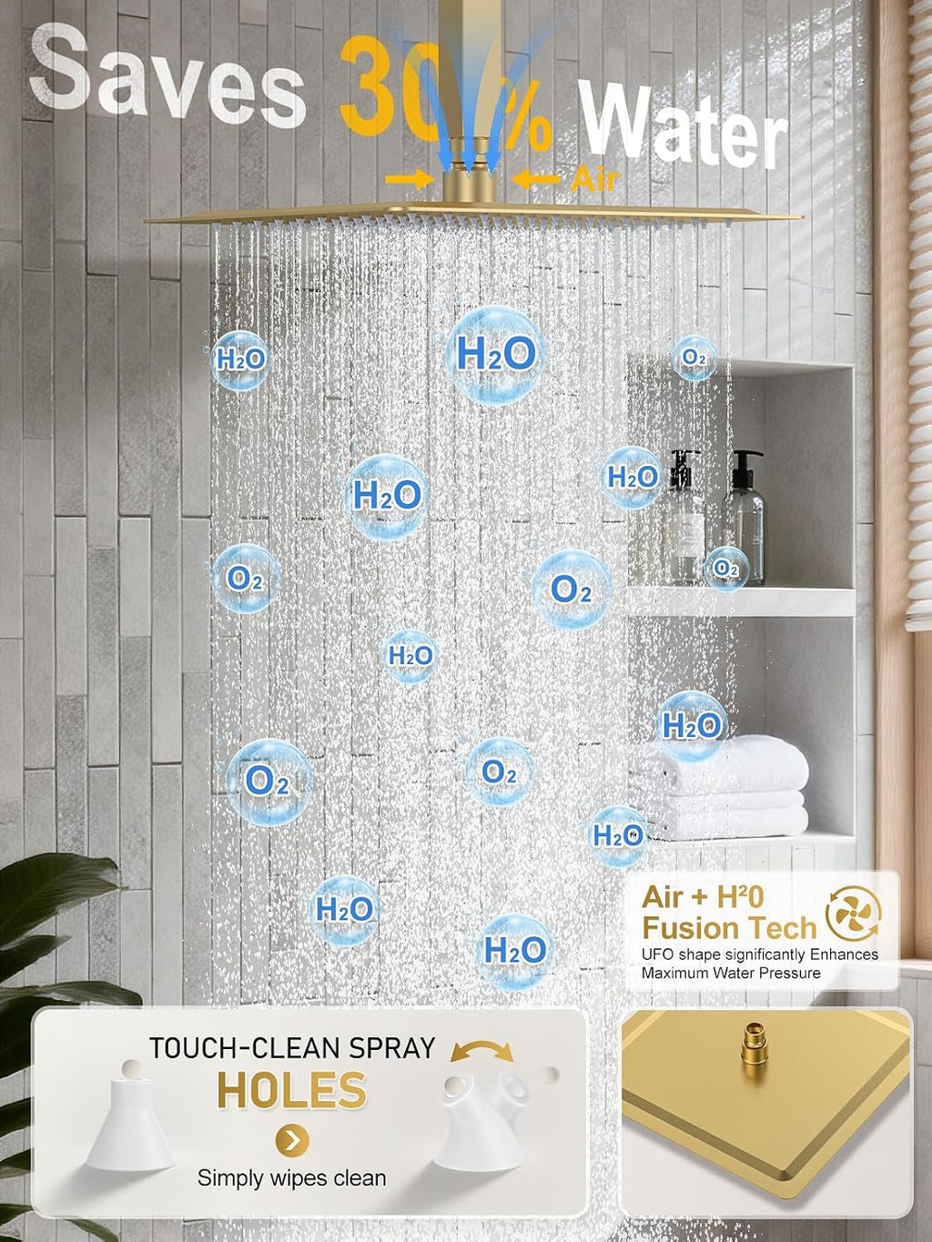 Woindo Shower Faucet Set, 10' Ceiling Mount Rainfall Shower System with 2 Rain Shower Head and Multi-function Handheld Head Push Button Diverter Shower Faucet Trim Kit