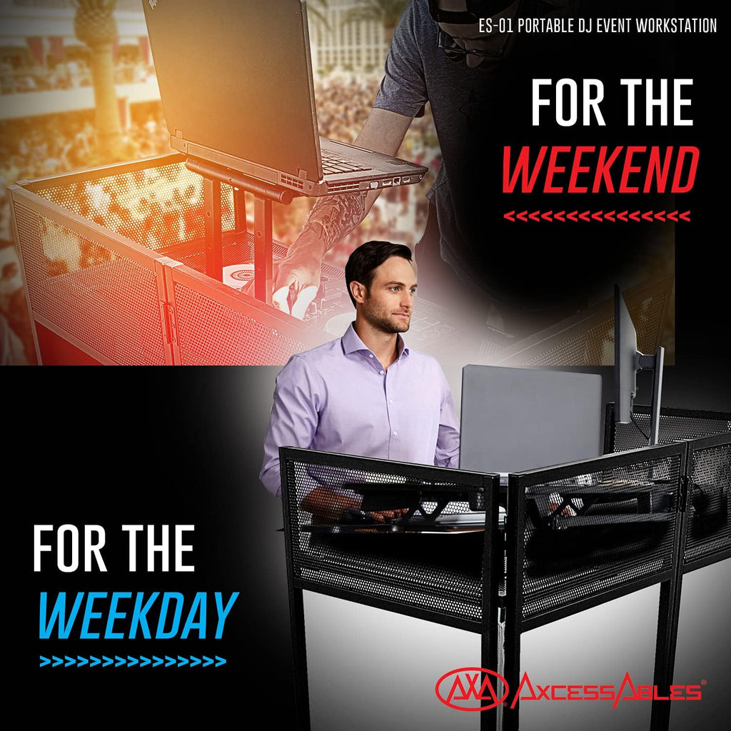 AxcessAbles Portable DJ Facade Booth with Black and White Lighting Scrims, Carry Cases | Standing DJ Table - 40' x 20' | DJ Controller Stand | Recording Mixer Stand | DJ Booth (ES-01)