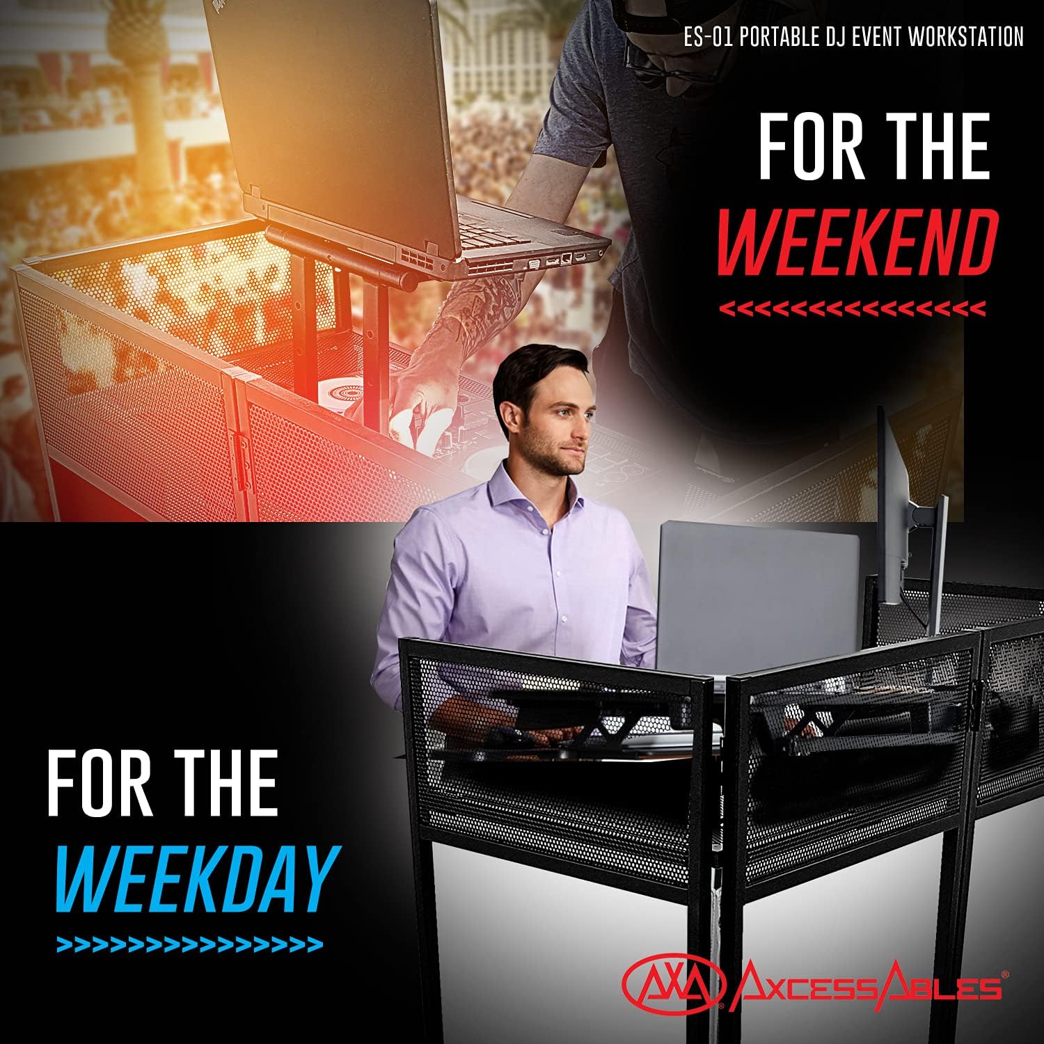 AxcessAbles Portable DJ Facade Booth with Black and White Lighting Scrims, Carry Cases | Standing DJ Table - 40' x 20' | DJ Controller Stand | Recording Mixer Stand | DJ Booth (ES-01)