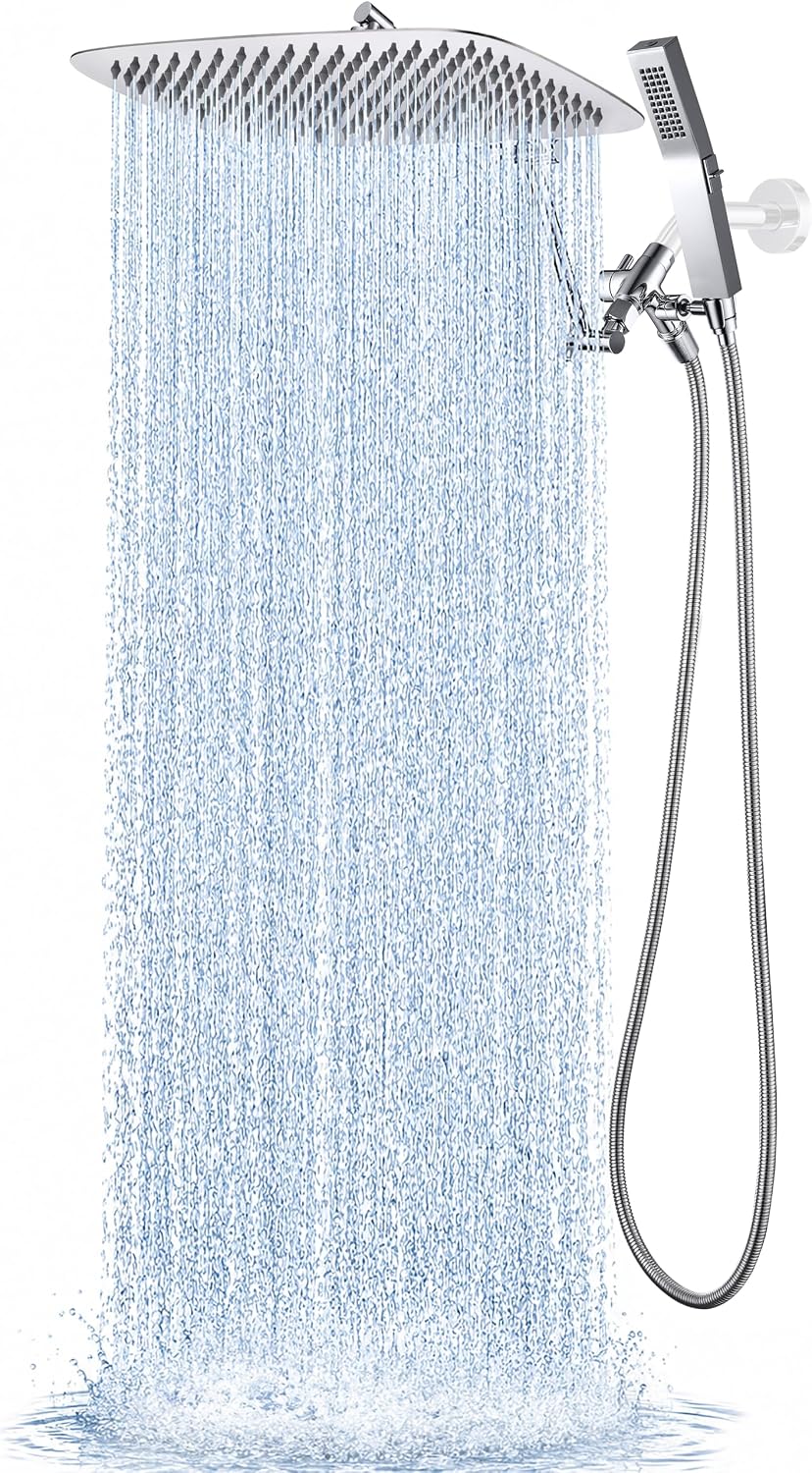 G-Promise All Metal 16 Inches Rainfall Shower Head with Handheld Spray Combo, 3 Settings Diverter, Adjustable Extension Arm with Lock Joints, 71 Inches Stainless Steel Hose (Chrome)