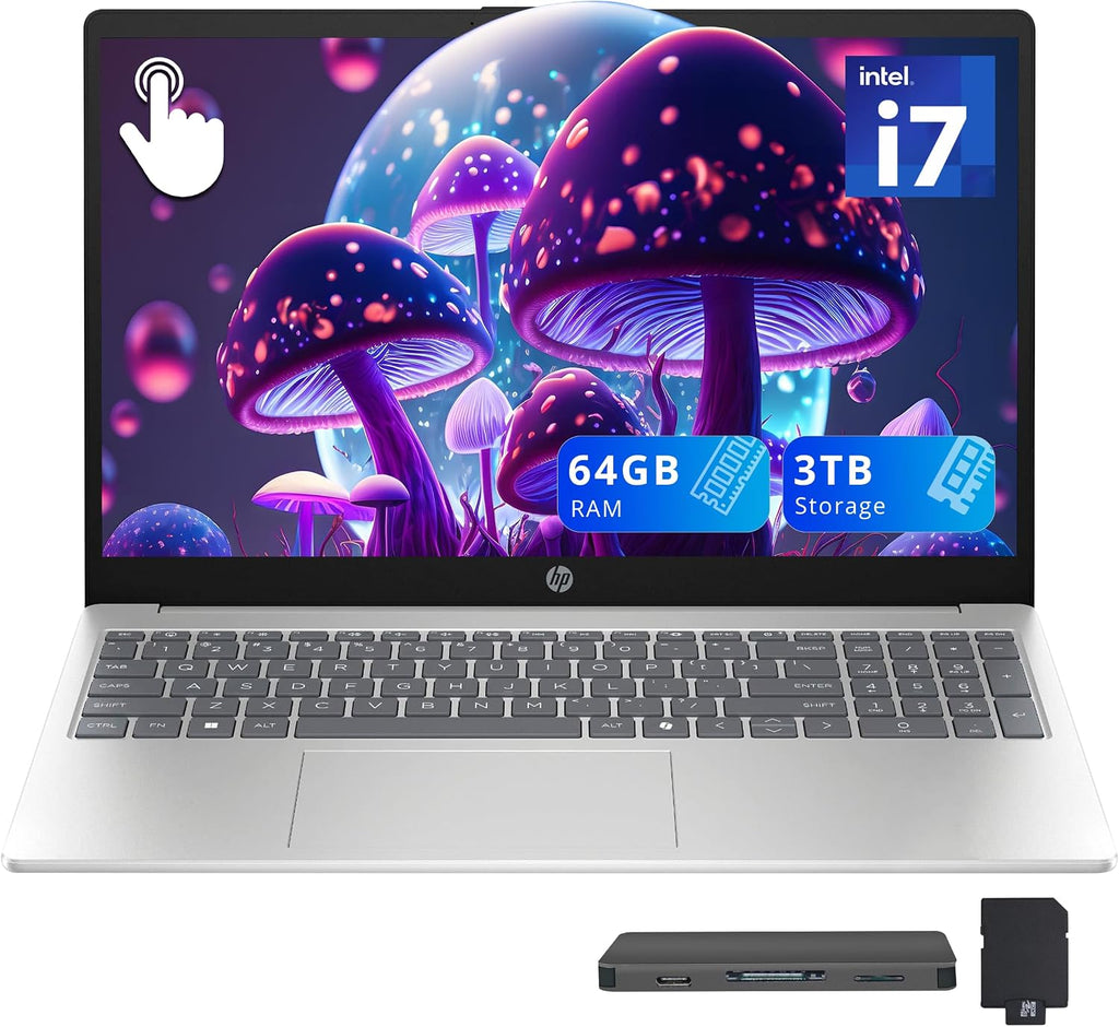 HP 15.6' FHD Touchscreen Laptop, Intel i7-1355U, 64GB RAM, 3TB Storage(2TB SSD+1TB Docking Station Set), Intel Iris Xe Graphics, Number Pad, 720p HD Camera, Wi-Fi 6, Win 11, Silver
