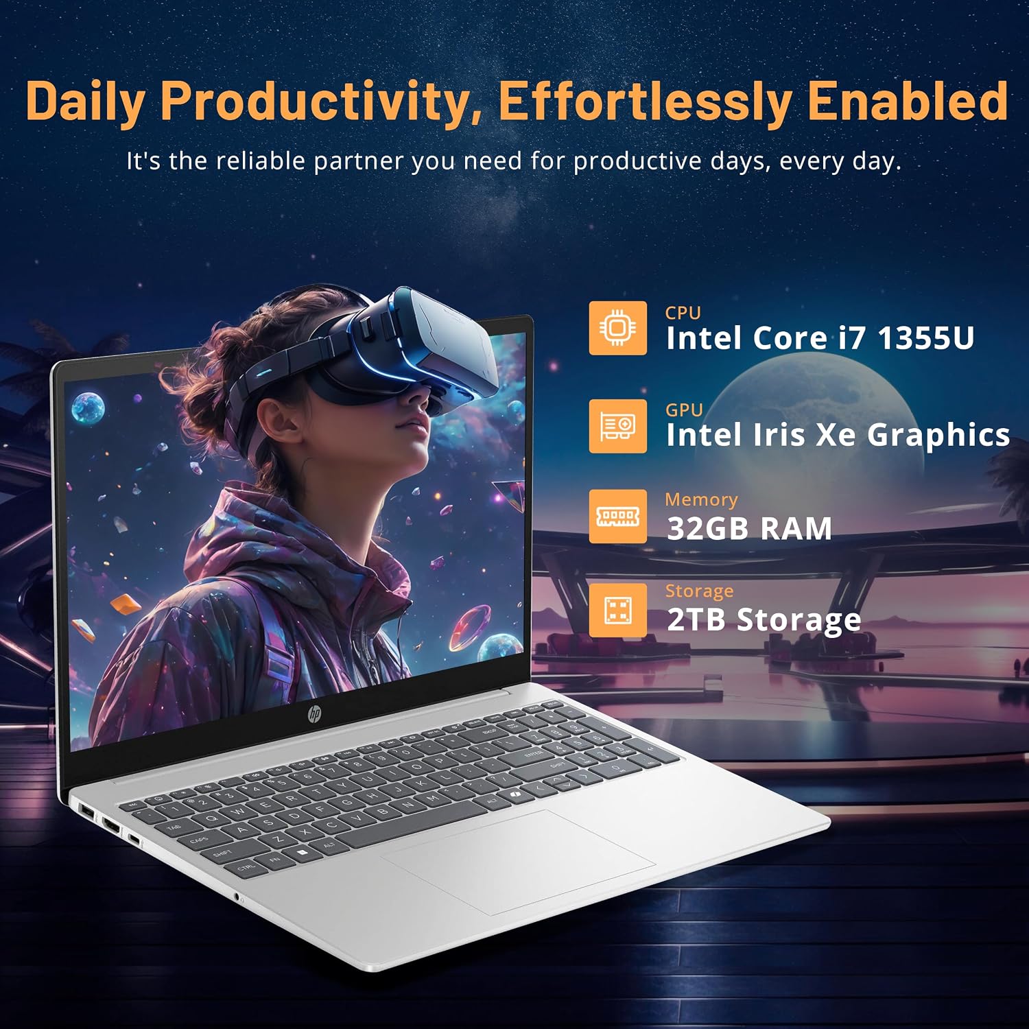 HP 15.6' FHD Touchscreen Laptop, Intel i7-1355U, 32GB RAM, 2TB Storage(1TB SSD+1TB Docking Station Set), Intel Iris Xe Graphics, Number Pad, 720p HD Camera, Wi-Fi 6, Win 11, Silver
