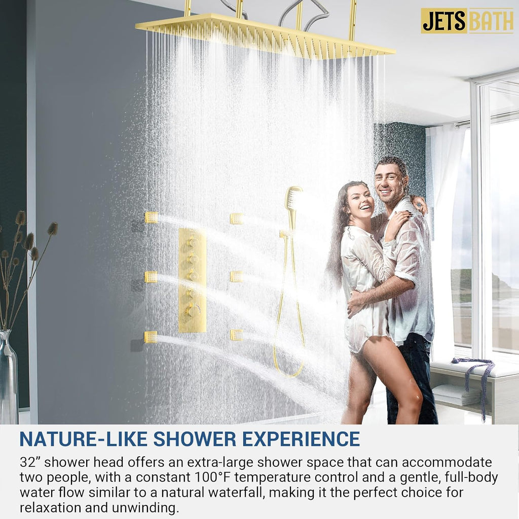 32' Luxury Thermostatic Full Body Shower System with 32-Inch Mist & Rainfall Shower Head & 6 Body Jets, Handheld, JetsBath Brushed Gold Two Person Shower Faucet Set, Smart Shower System for Couples
