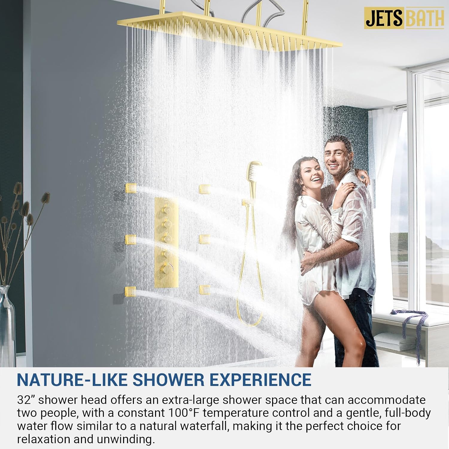 32' Luxury Thermostatic Full Body Shower System with 32-Inch Mist & Rainfall Shower Head & 6 Body Jets, Handheld, JetsBath Brushed Gold Two Person Shower Faucet Set, Smart Shower System for Couples