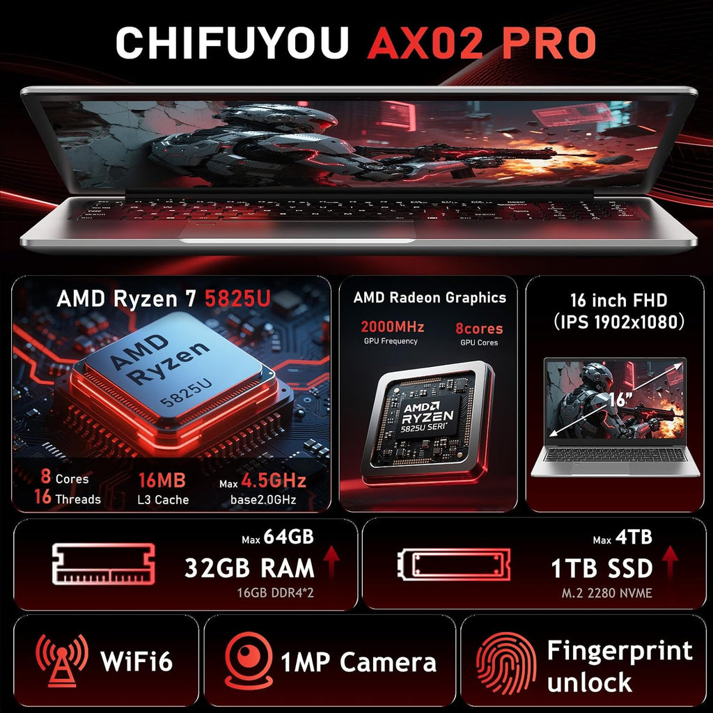 Gaming Laptop Computer,16 Inch Office 365 Lap Top PC 2026 Window 11 Pro,AMD Ryzen 7 5825U (8C/16T, Up to 4.5GHz),32GB RAM 1TB SSD,Backlit Keyboard,Radeon Graphics,16' 1080P FHD,WiFi6,BT 5.2