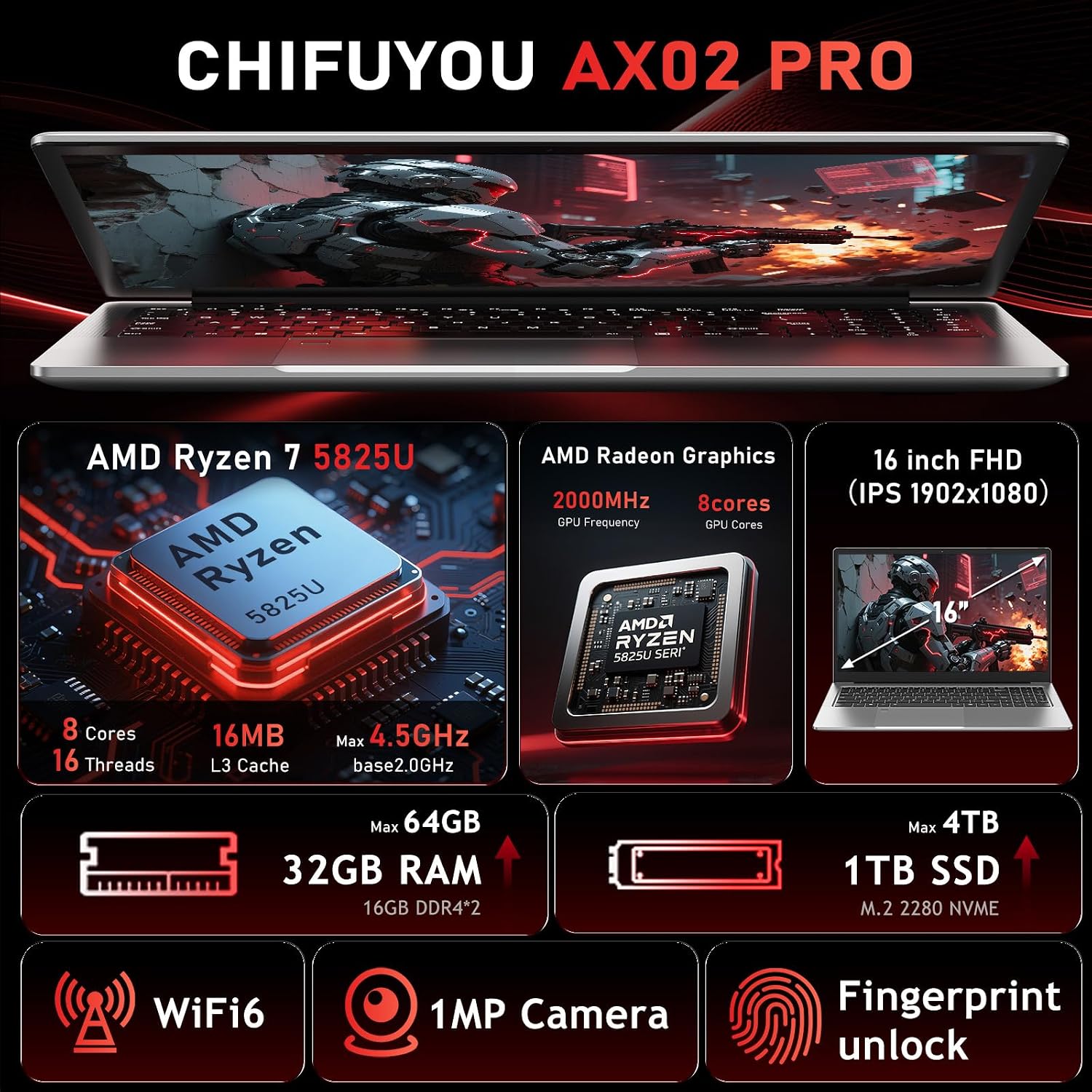 Gaming Laptop Computer,16 Inch Office 365 Lap Top PC 2026 Window 11 Pro,AMD Ryzen 7 5825U (8C/16T, Up to 4.5GHz),32GB RAM 1TB SSD,Backlit Keyboard,Radeon Graphics,16' 1080P FHD,WiFi6,BT 5.2