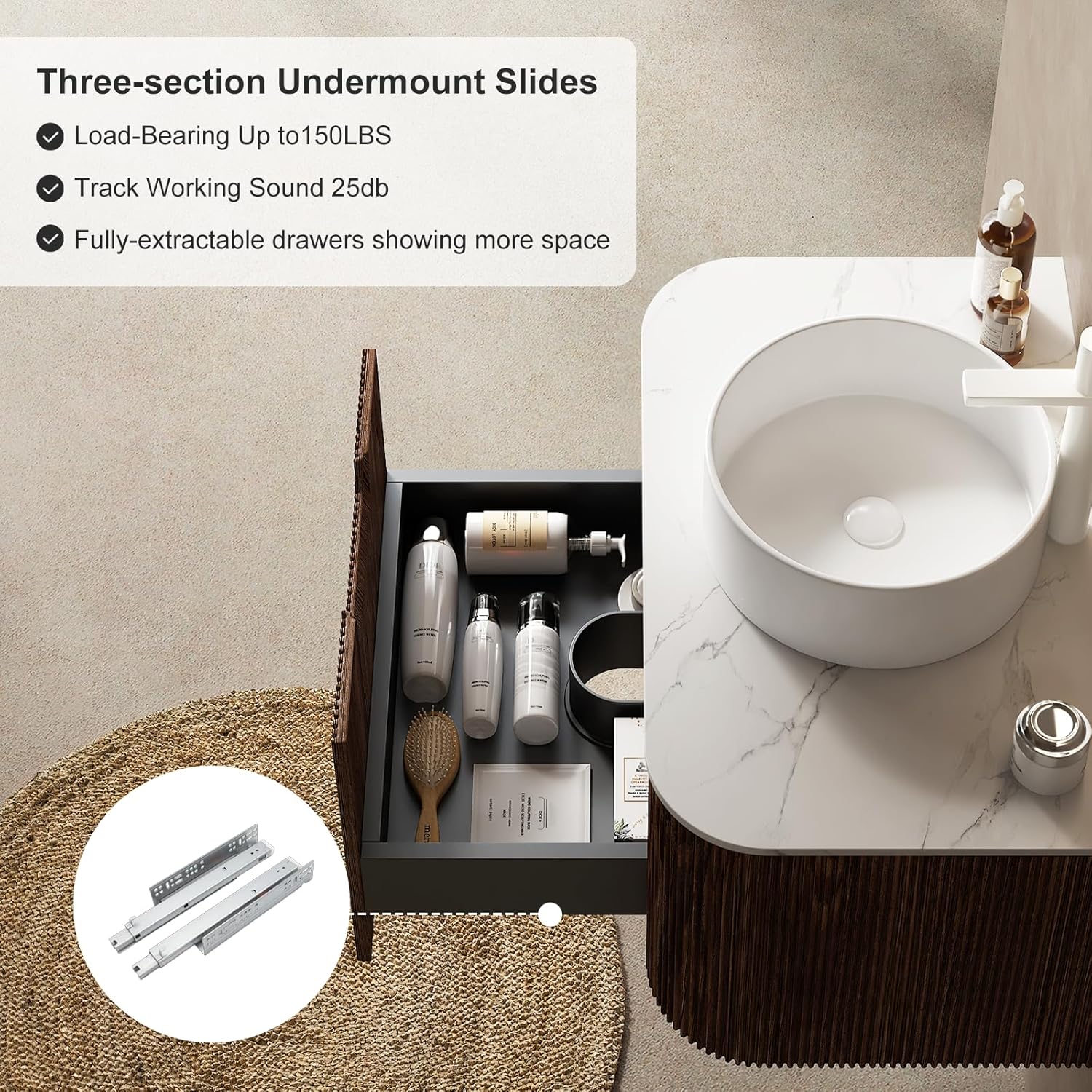 24' Modern Floating Bathroom Vanity with Sink, Wall-Mounted Cabinet with Ultra-Thin Ceramic Basin and Marble Top, Extra Large Storage Drawer, Soft-Close Design, Dark Walnut