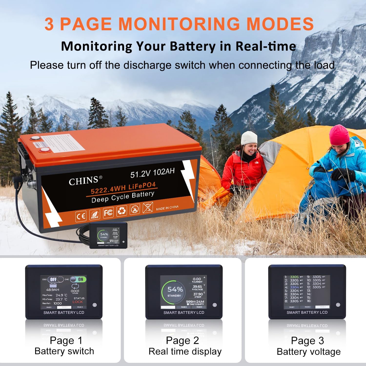 CHINS 48V Lithium Golf Cart Battery, 200A BMS, with Touch Monitor and Retention Strap, 5000+ Cycles 48V 102AH Lithium Battery with Charger Perfect for Golf Carts