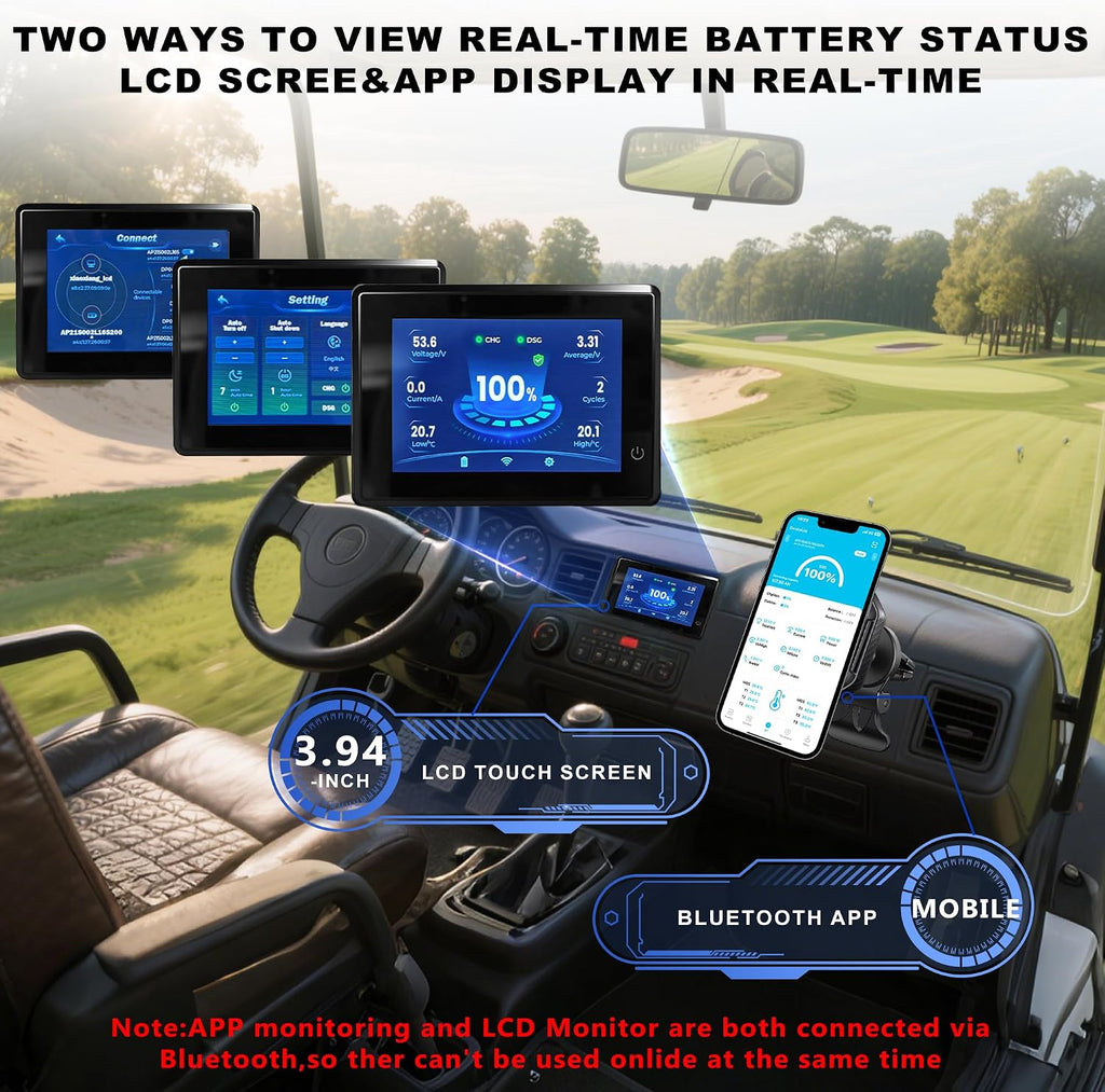 48V Lithium Battery Golf Cart Batteries Kit with Smart 200A BMS 58.4V 18A Charger Touch Monitor & Mobile APP 10000 Cycles 48V 100Ah LiFePO4 Battery Peak Current 1000A(3-5s) for Club Car, EZGO, Yamaha