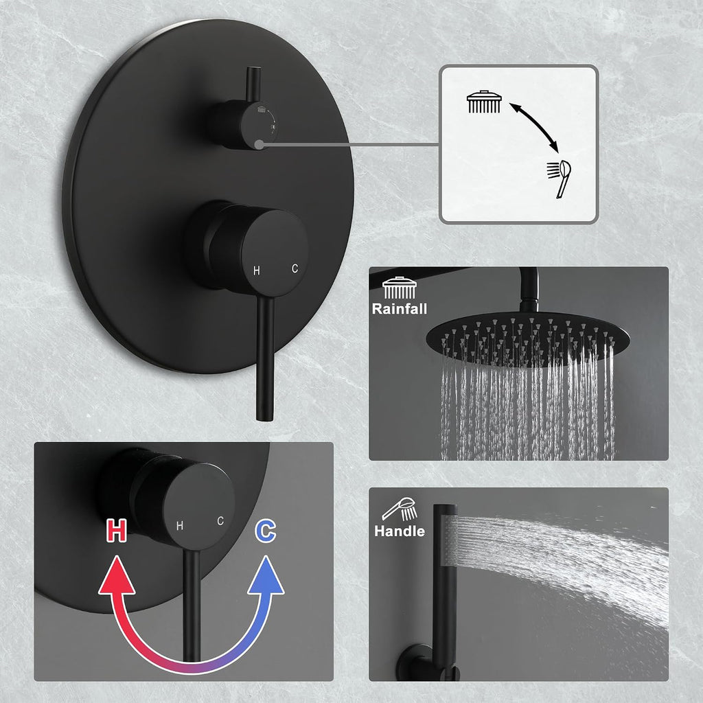 MONDAWE Round Shower Faucet Set, Wall Mounted Shower System 10 Inch Rainfall Shower Head with Handheld Combo, Matte Black High Pressure Rainfall Shower Set -Valve Included